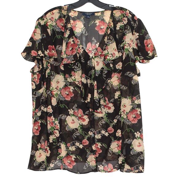Top Sheer Y2K Boho Grunge Romantic Lolita Cottage Floral Ruffle Button Black 2X - Picture 1 of 5